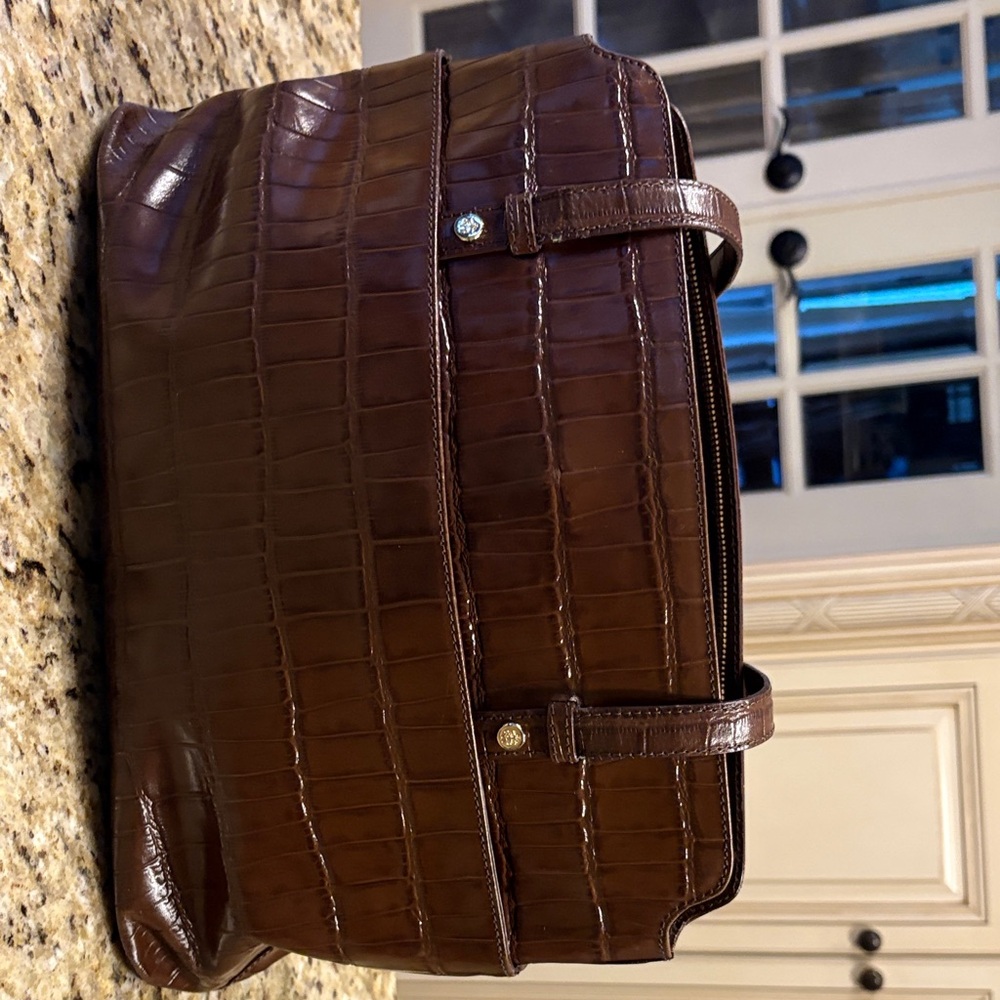 Brooks Brothers Elegant Brown Crocodile-Embossed women’s shoulder Bag